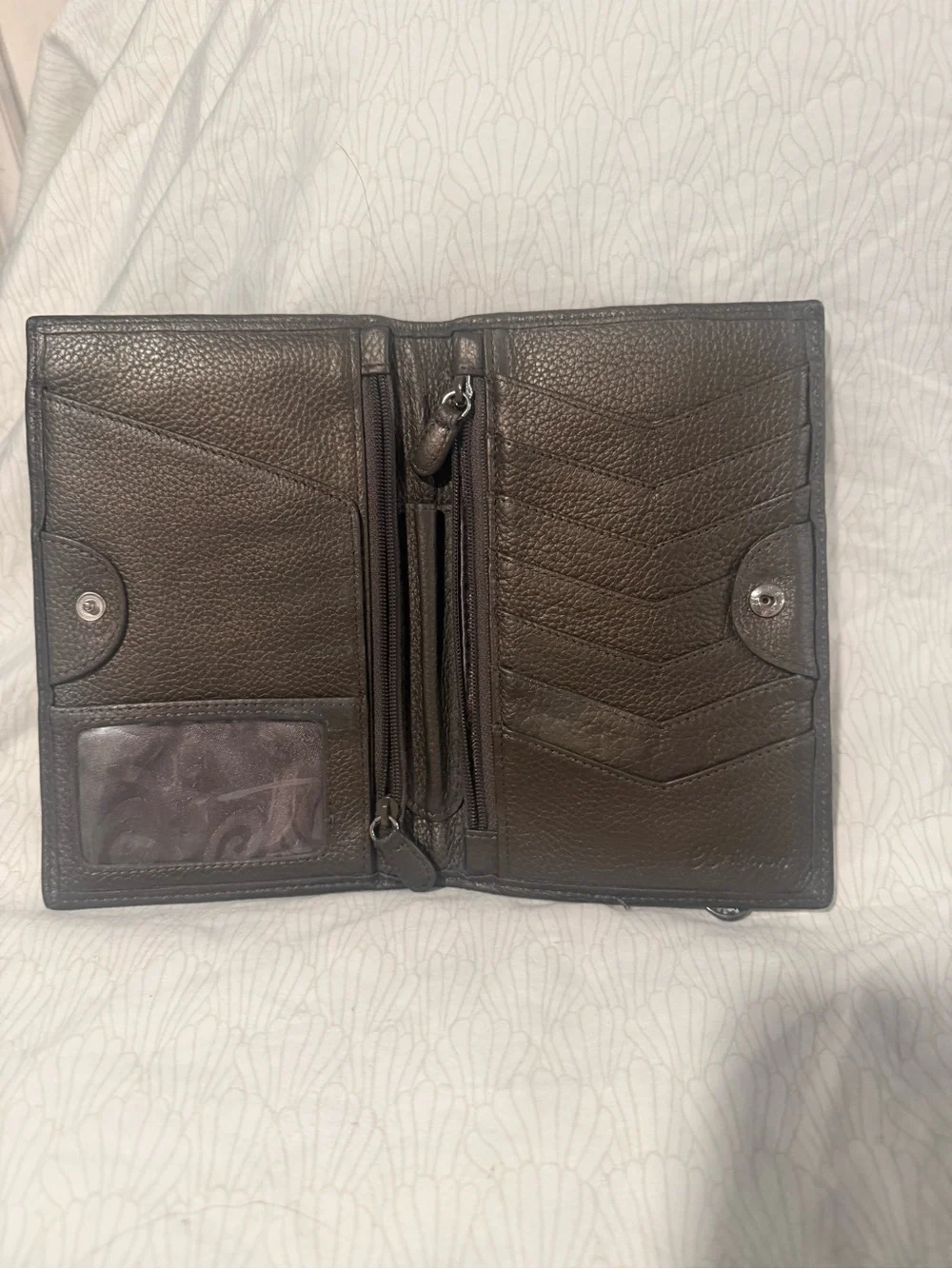 Pewter Brighton Leather Bifold Wallet with Embossed Medallion & silver accents